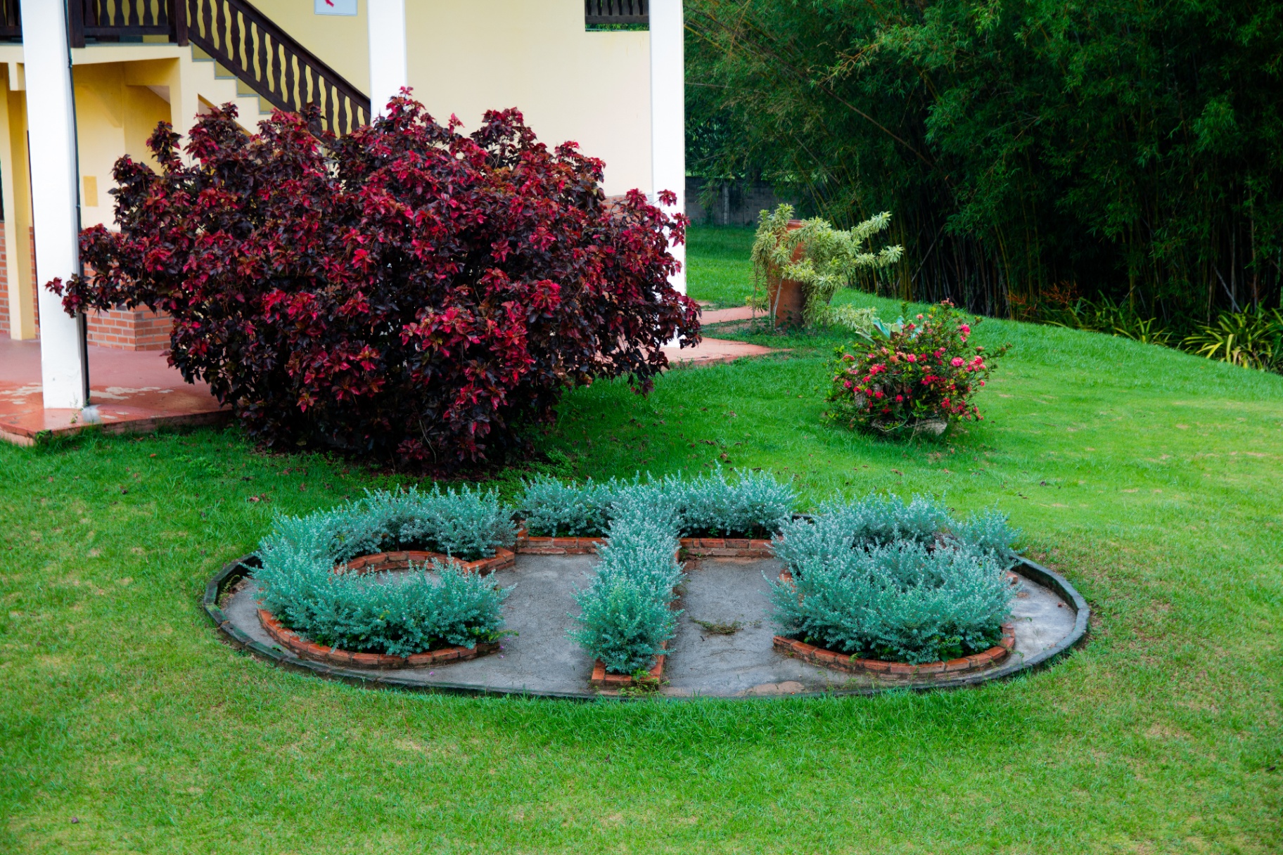 Jardim com canteiros e área verde do Casarão